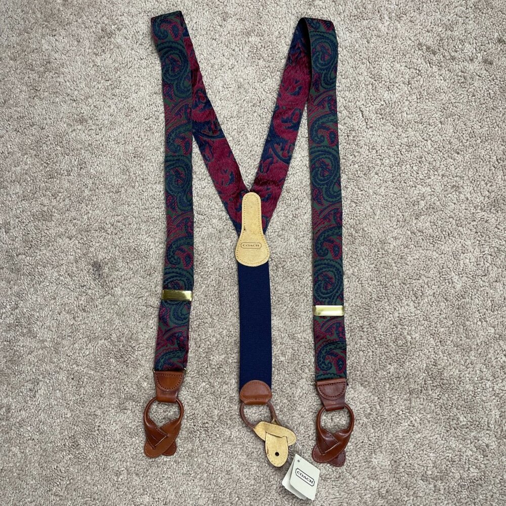 Coach NEW Pink Green Paisley Leather Buttoned Loop Braces Suspenders Adult NWT